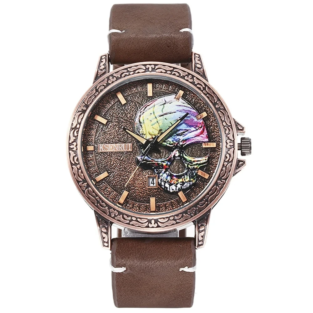 Retro Skull Watch, Men's Luxury Steel & Leather
