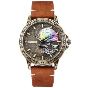 Retro Skull Watch, Men's Luxury Steel & Leather - Image 10