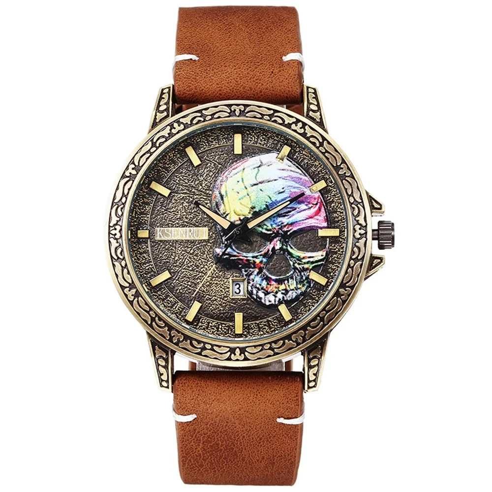Retro Skull Watch, Men's Luxury Steel & Leather