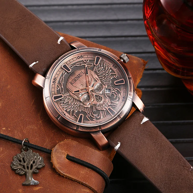 Retro Skull Watch, Men's Luxury Steel & Leather