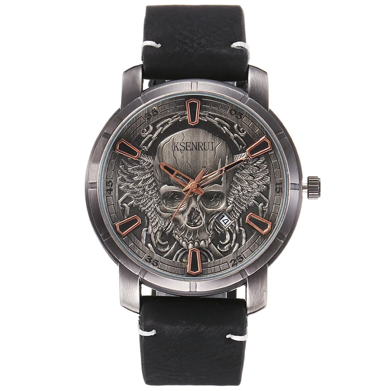 Retro Skull Watch, Men's Luxury Steel & Leather