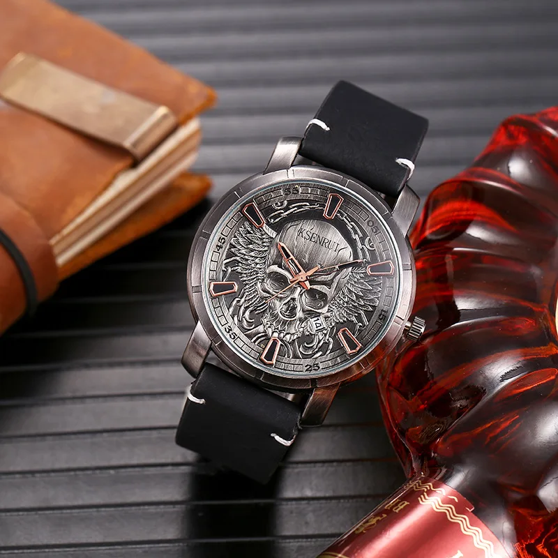 Retro Skull Watch, Men's Luxury Steel & Leather