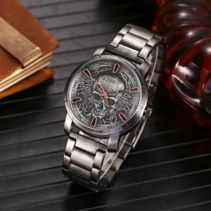Retro Skull Watch, Men's Luxury Steel & Leather - Image 1
