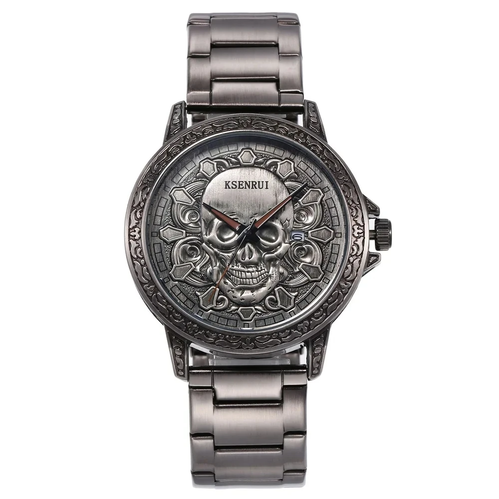 Retro Skull Watch, Men's Luxury Steel & Leather