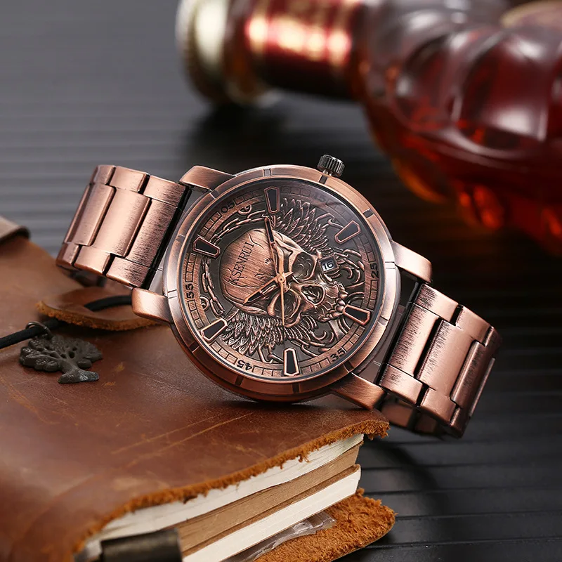 Retro Skull Watch, Men's Luxury Steel & Leather