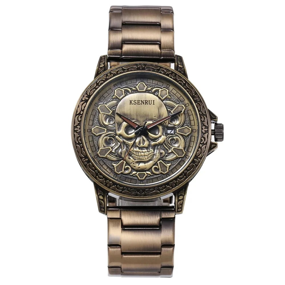 Retro Skull Watch, Men's Luxury Steel & Leather