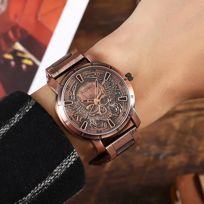 Retro Skull Watch, Men's Luxury Steel & Leather