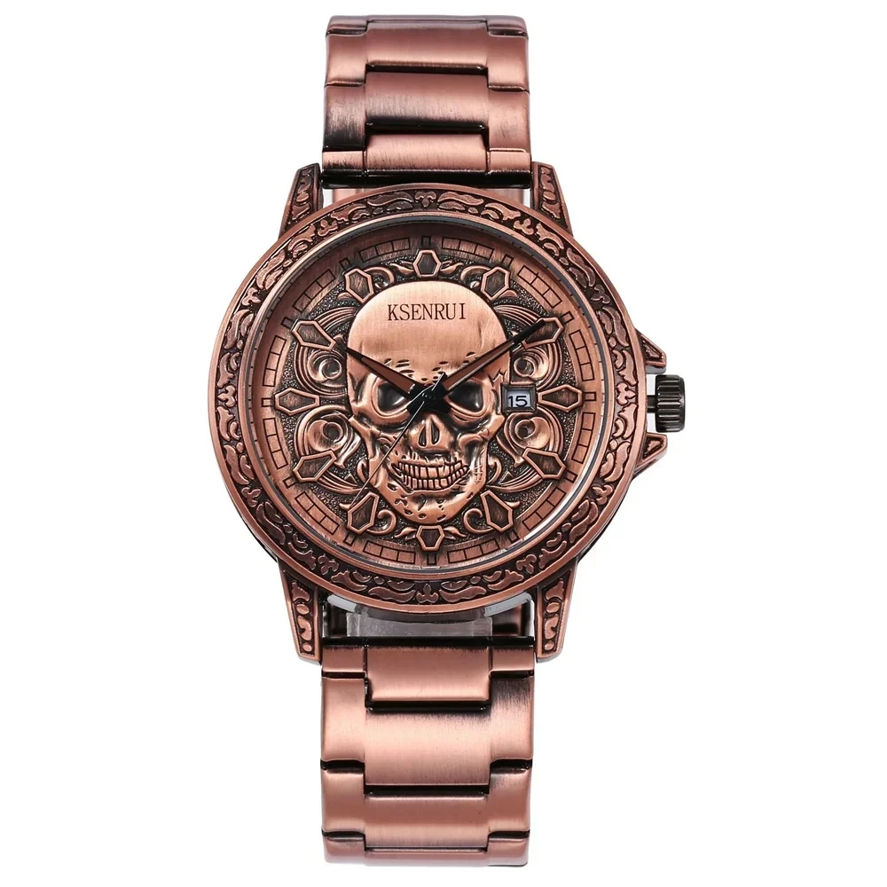 Retro Skull Watch, Men's Luxury Steel & Leather