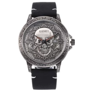 Retro Skull Watch, Men's Luxury Steel & Leather - Image 15