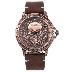 Retro Skull Watch, Men's Luxury Steel & Leather - Image 18