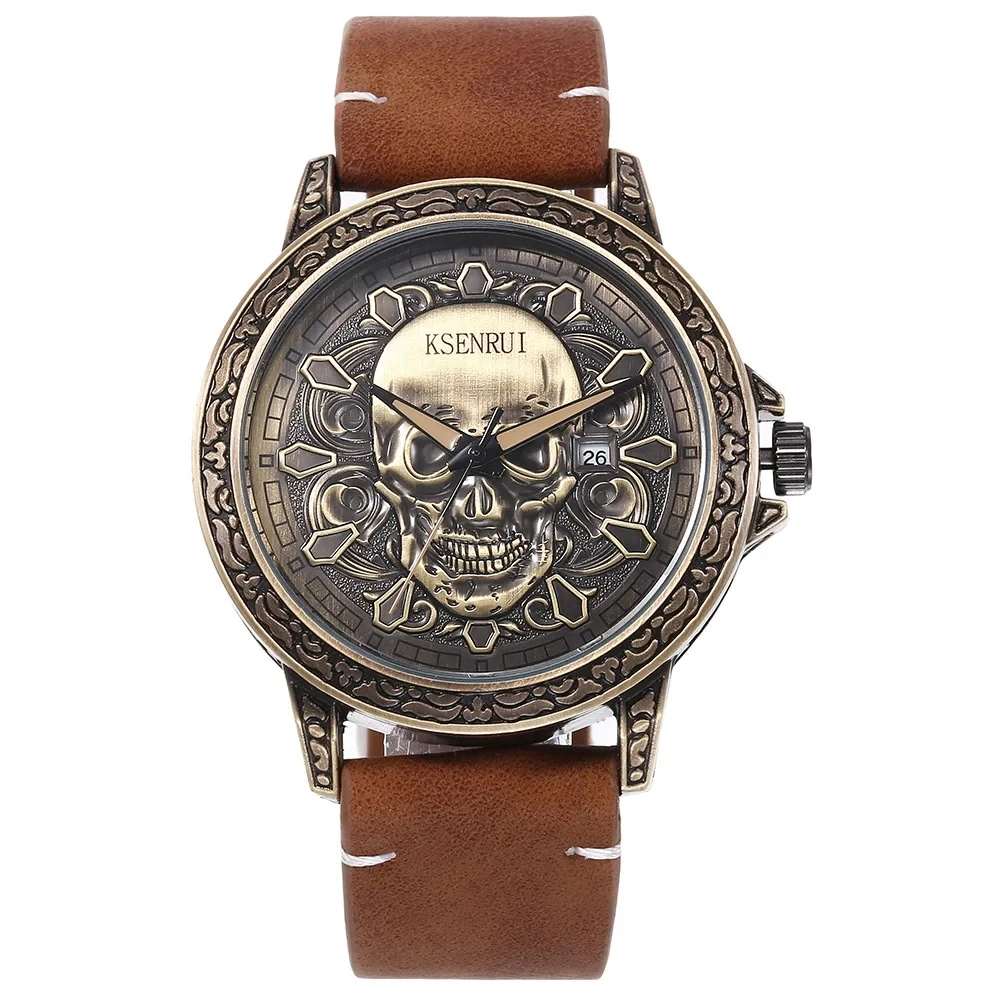 Retro Skull Watch, Men's Luxury Steel & Leather