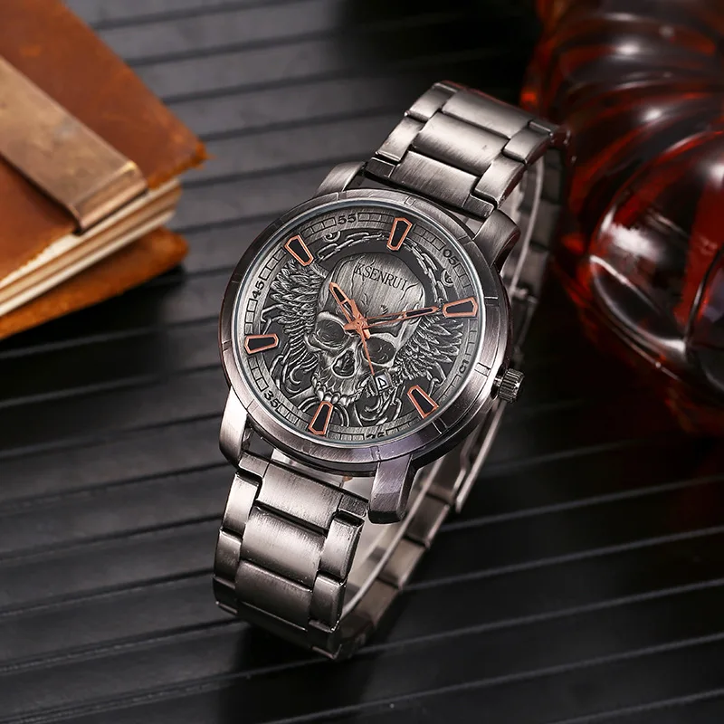 Retro Skull Watch, Men's Luxury Steel & Leather