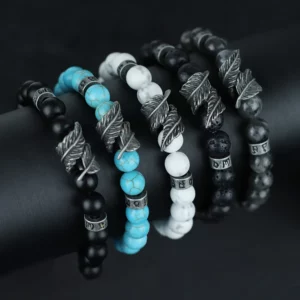 Vintage Natural Stone Feather Bracelet, 8mm Howlite Lava Beads - Image 2