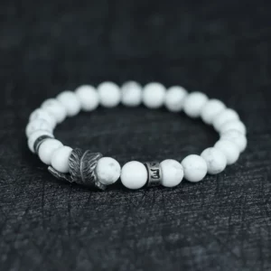 Vintage Natural Stone Feather Bracelet, 8mm Howlite Lava Beads - Image 9