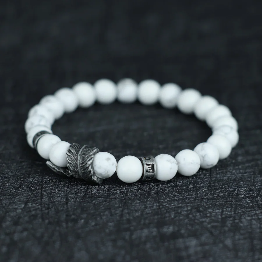 Vintage Natural Stone Feather Bracelet, 8mm Howlite Lava Beads