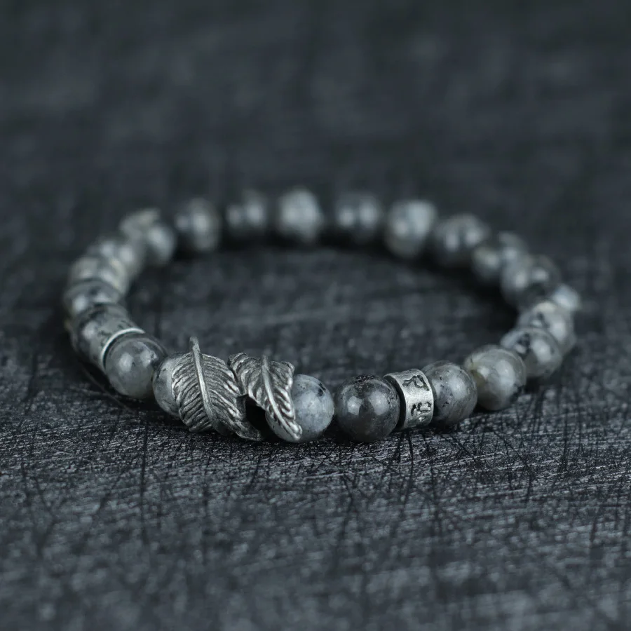Vintage Natural Stone Feather Bracelet, 8mm Howlite Lava Beads