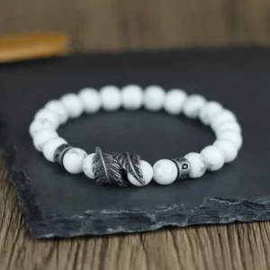 Vintage Natural Stone Feather Bracelet, 8mm Howlite Lava Beads - Image 3