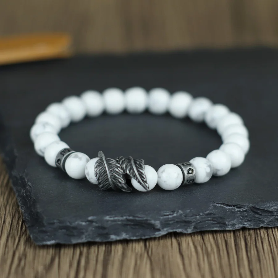 Vintage Natural Stone Feather Bracelet, 8mm Howlite Lava Beads