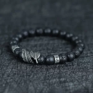Vintage Natural Stone Feather Bracelet, 8mm Howlite Lava Beads - Image 5