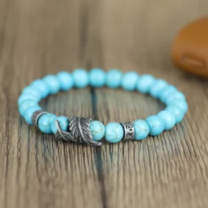 Vintage Natural Stone Feather Bracelet, 8mm Howlite Lava Beads - Image 6