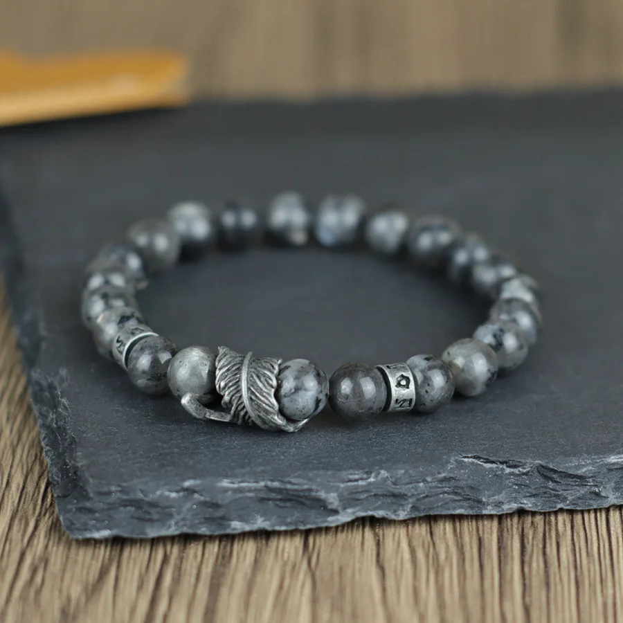 Vintage Natural Stone Feather Bracelet, 8mm Howlite Lava Beads