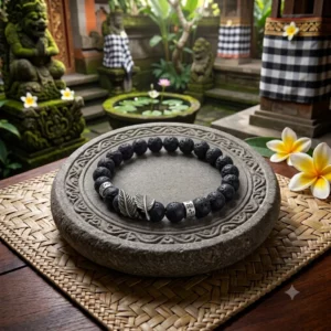 Vintage Natural Stone Feather Bracelet, 8mm Howlite Lava Beads - Image 1