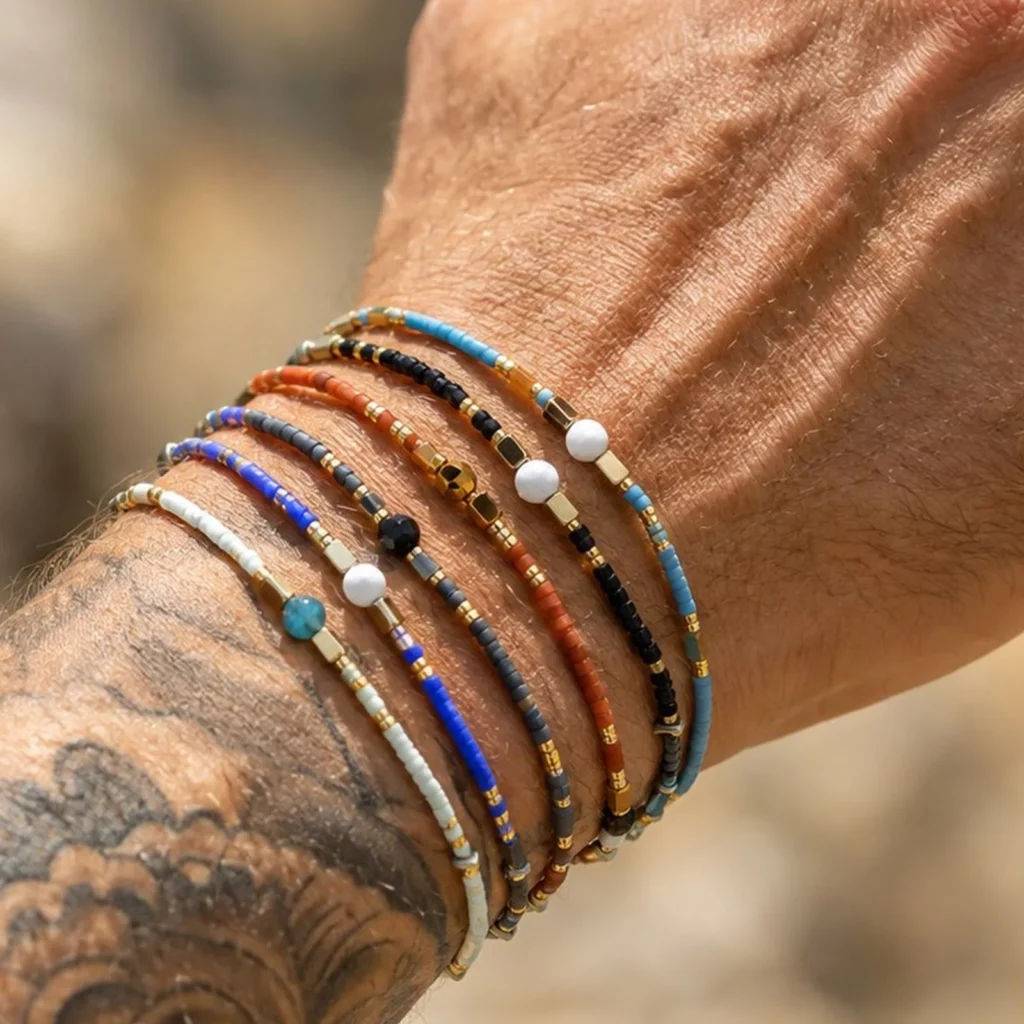 Boho Beaded Bracelets for Men, Handmade Stainless Steel