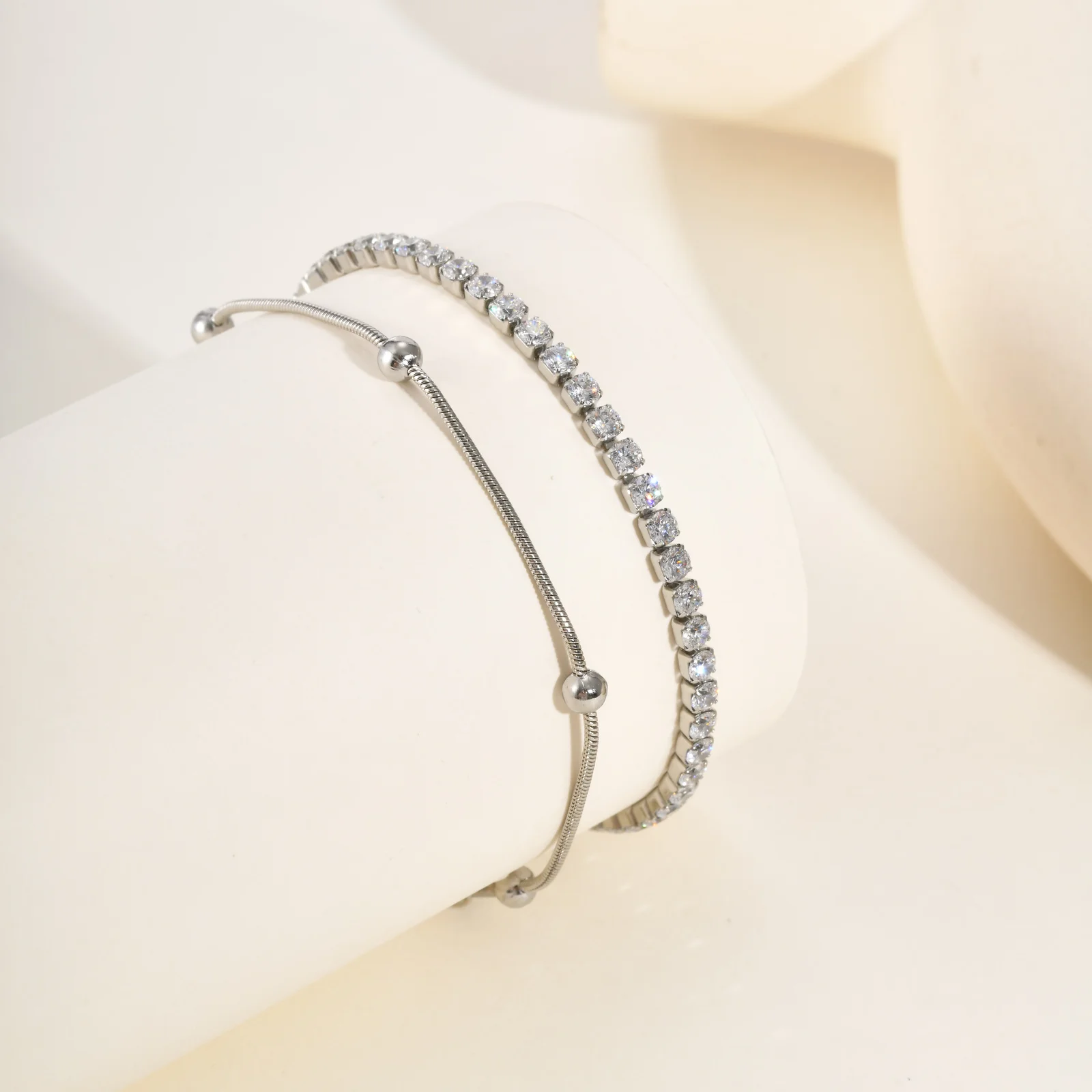 Minimalist Stainless Steel Bracelet Set with Zircon - Image 4