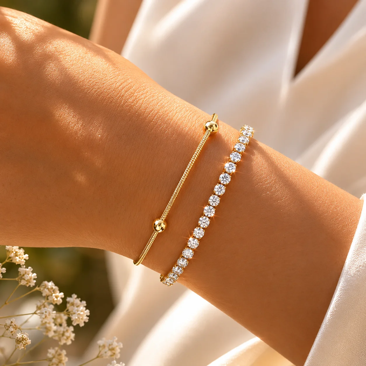 Minimalist Stainless Steel Bracelet Set with Zircon - Image 1
