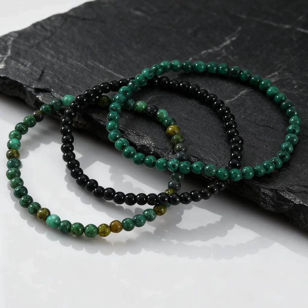 Green Natural Stone Beaded Bracelet Set, 5MM African Turquoise