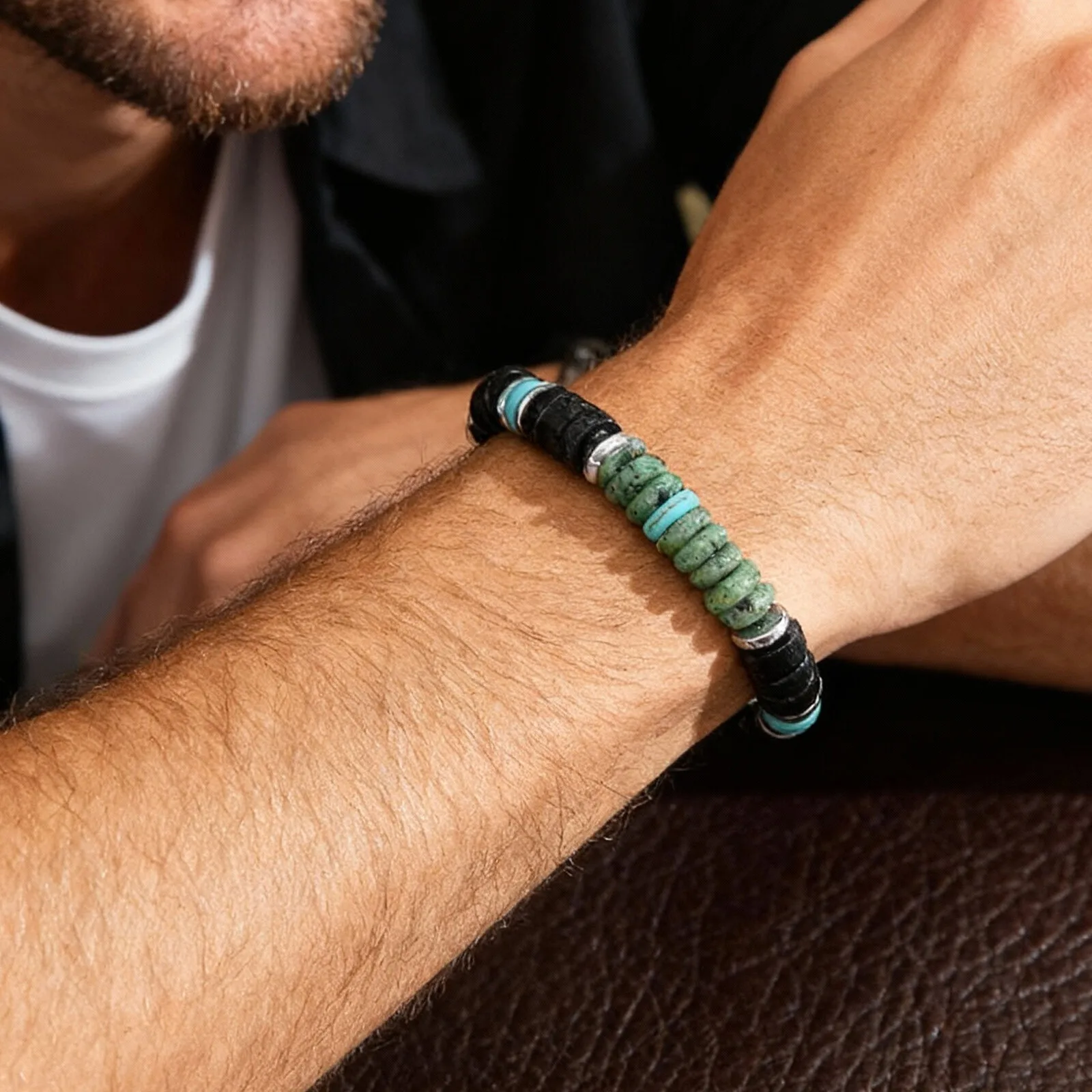 Bohemian Black Agate and Green Stone Beaded Bracelet - Image 2