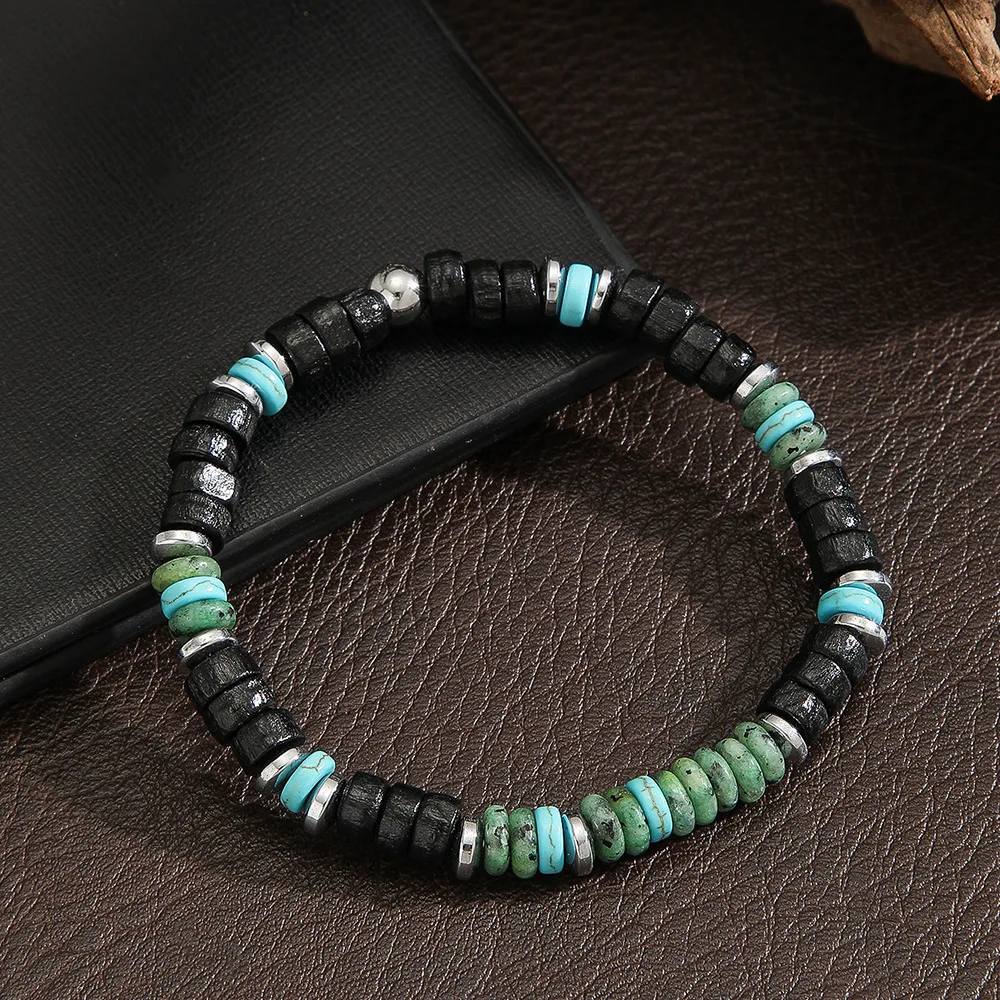Bohemian Black Agate and Green Stone Beaded Bracelet