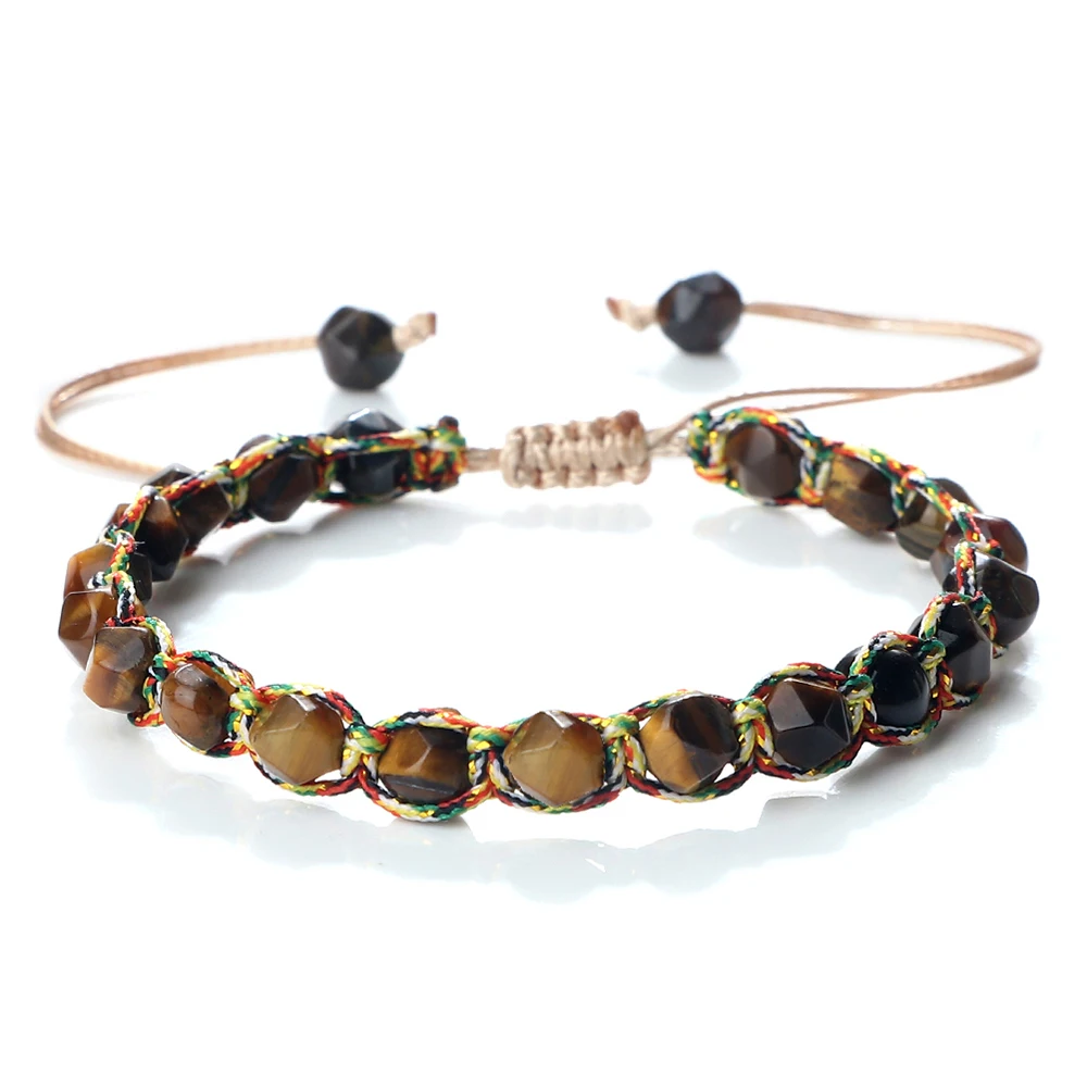 Natural Tiger Eye Stone Charm Bracelet, Handwoven Agate Energy
