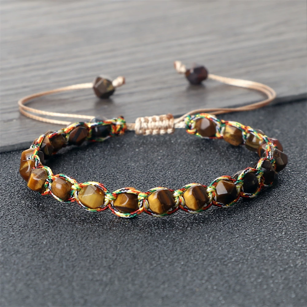 Natural Tiger Eye Stone Charm Bracelet, Handwoven Agate Energy