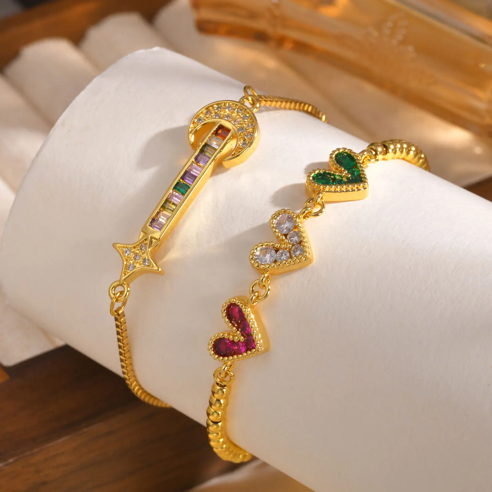 Colored Zircon Heart Bracelet, Moon Star Box Chain - Image 2