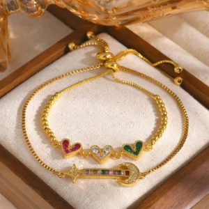 Colored Zircon Heart Bracelet, Moon Star Box Chain - Image 3