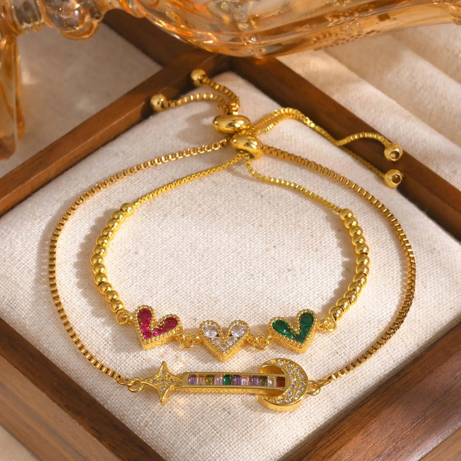 Colored Zircon Heart Bracelet, Moon Star Box Chain - Image 3