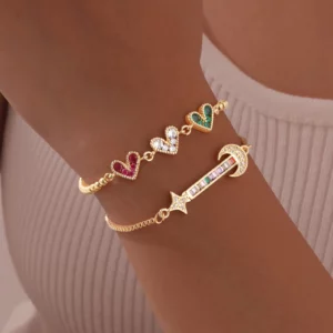Colored Zircon Heart Bracelet, Moon Star Box Chain - Image 1