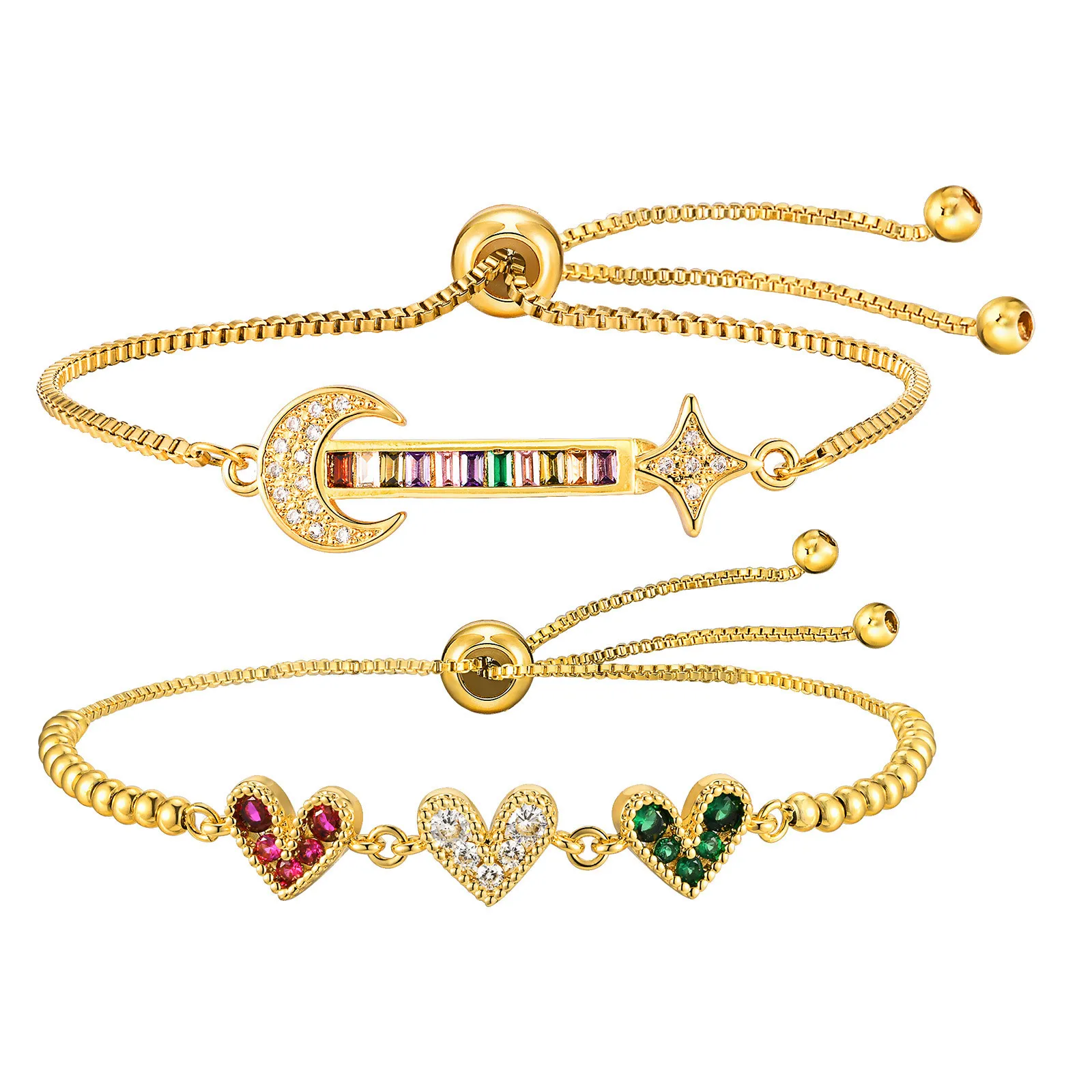 Colored Zircon Heart Bracelet, Moon Star Box Chain - Image 6