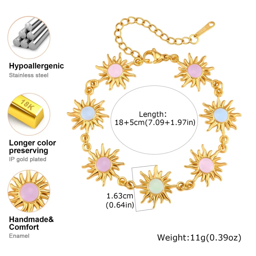 Waterproof Gold Plated Sun Charm Bracelet