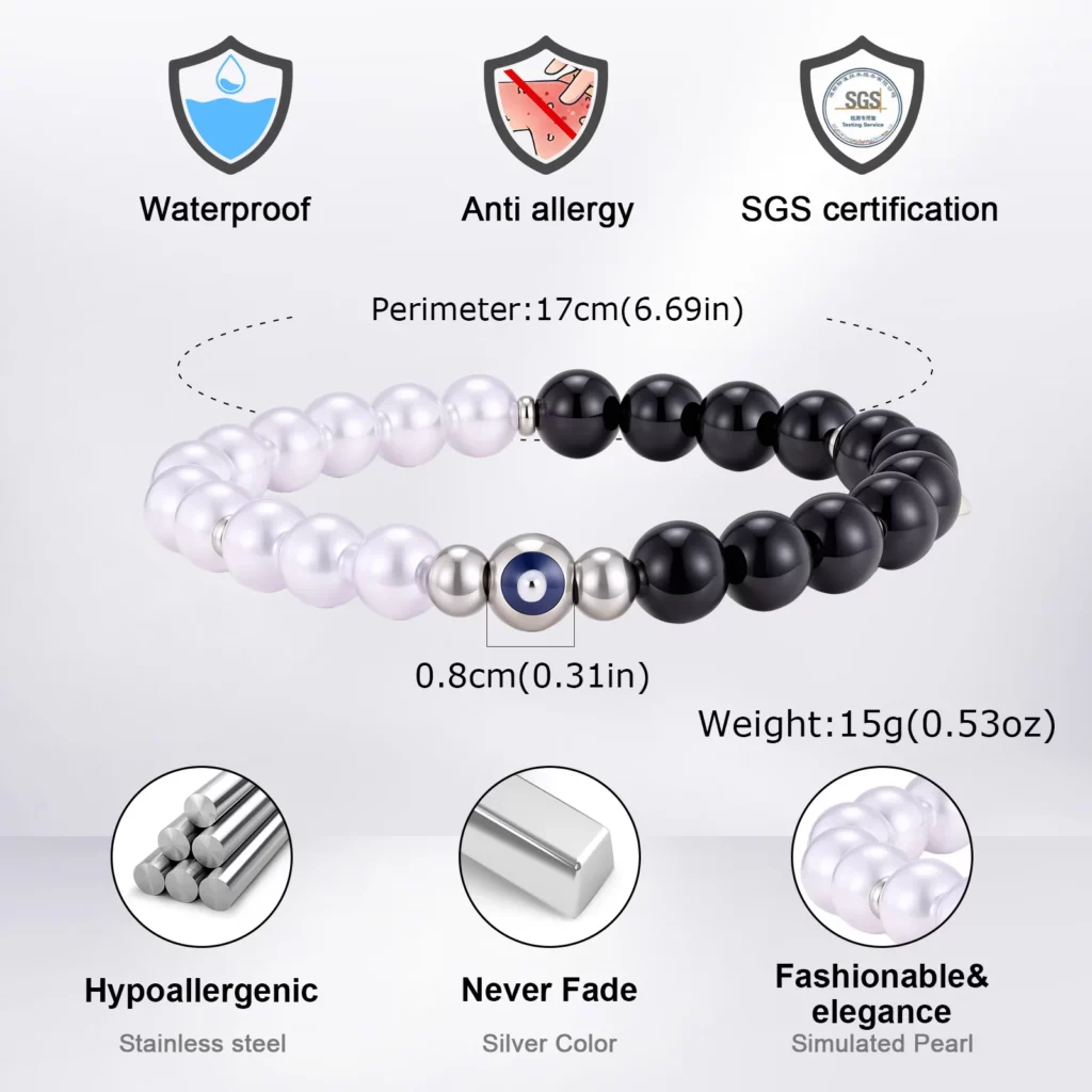 Evil Eye Black Onyx Beaded Bracelet for Men and Women