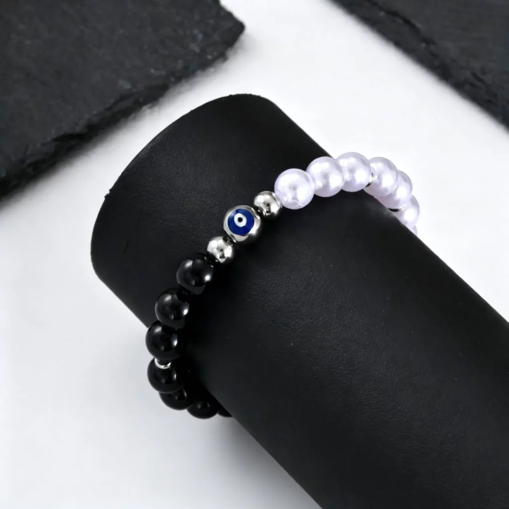 Evil Eye Black Onyx Beaded Bracelet for Men and Women