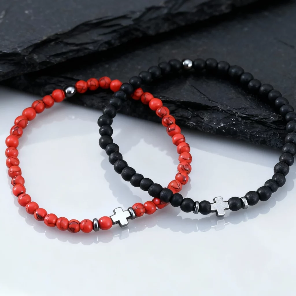 Gallstone Cross Beaded Bracelet, 4mm Red Pine Stone Black Onyx