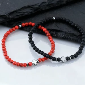Gallstone Cross Beaded Bracelet, 4mm Red Pine Stone Black Onyx - Image 2