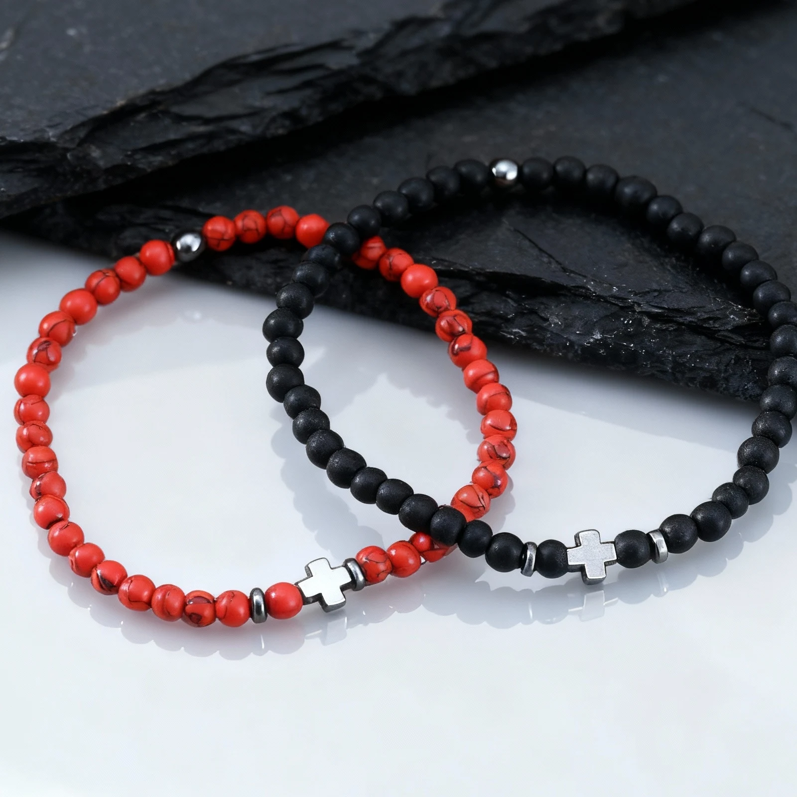 Gallstone Cross Beaded Bracelet, 4mm Red Pine Stone Black Onyx - Image 2