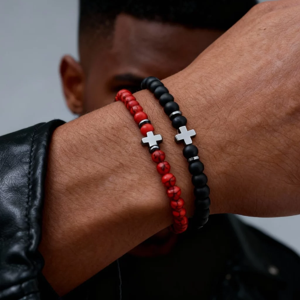Gallstone Cross Beaded Bracelet, 4mm Red Pine Stone Black Onyx