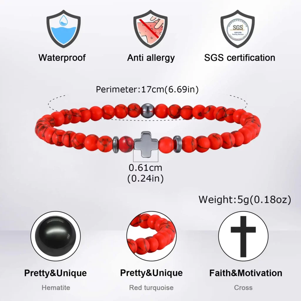 Gallstone Cross Beaded Bracelet, 4mm Red Pine Stone Black Onyx