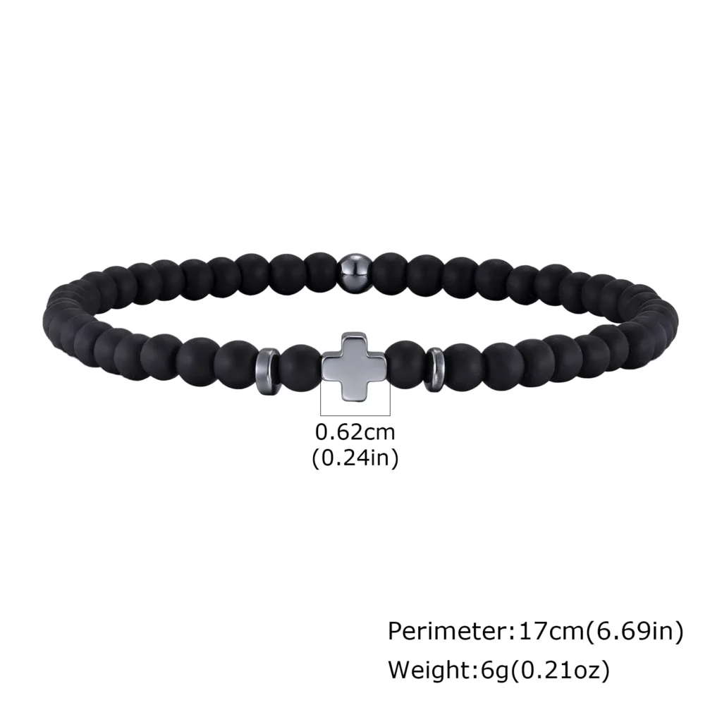 Gallstone Cross Beaded Bracelet, 4mm Red Pine Stone Black Onyx