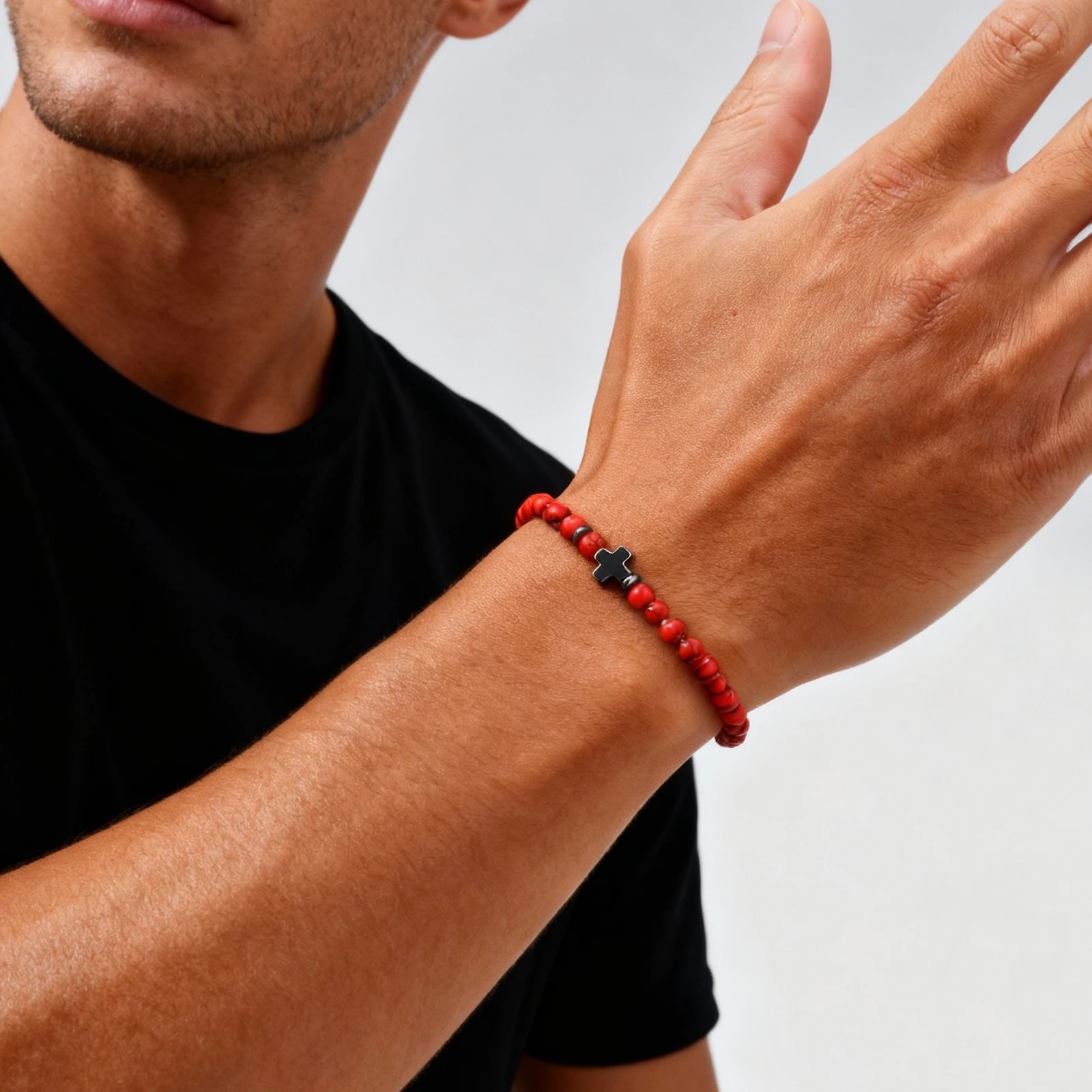 Gallstone Cross Beaded Bracelet, 4mm Red Pine Stone Black Onyx - Image 4