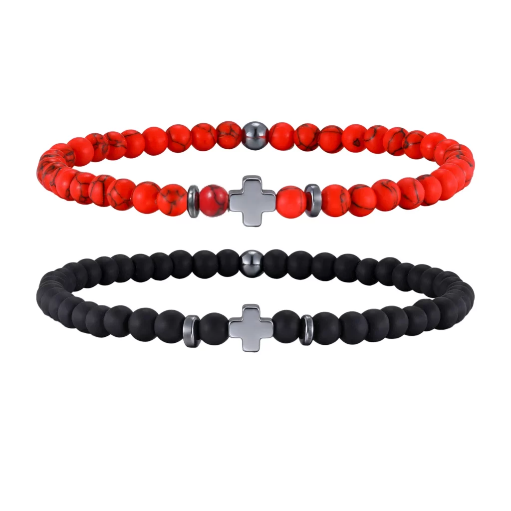 Gallstone Cross Beaded Bracelet, 4mm Red Pine Stone Black Onyx